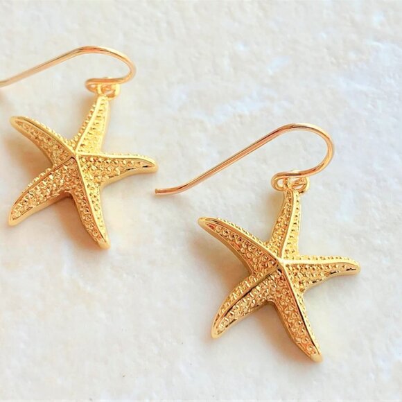 Starfish Earrings Gold 14K Gold Filled Wires Womens Girls Beach Jewelry - Picture 5 of 6